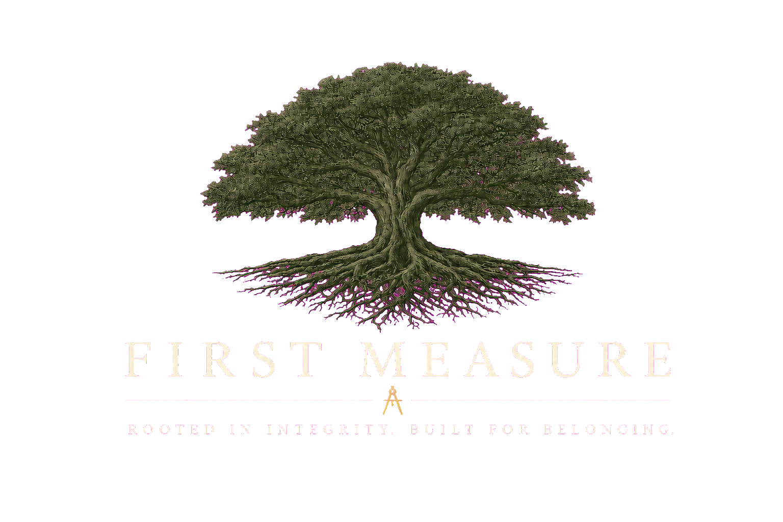 Approved First Measure wordmark with compass and tagline: Rooted in integrity. Built for belonging.